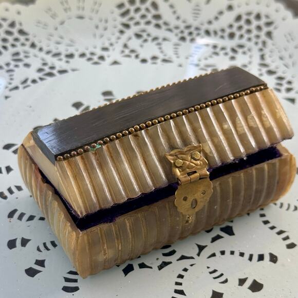 Antique Horn Trinket Box w/ Brass Clasp & Velvet Lining – Victorian Era - Picture 1 of 6